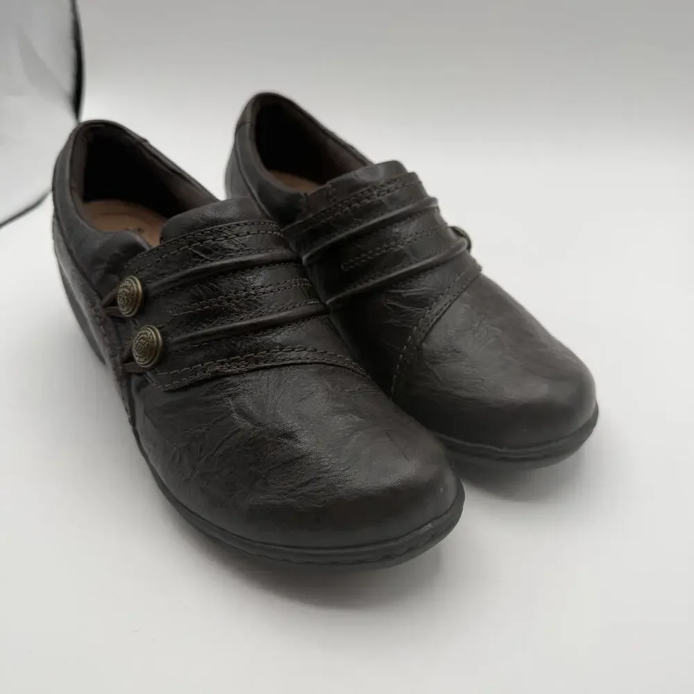 Clarks Mottled Brown Leather Women's Shoes‎ Sz 7 M Rose Button Slip On Comfort